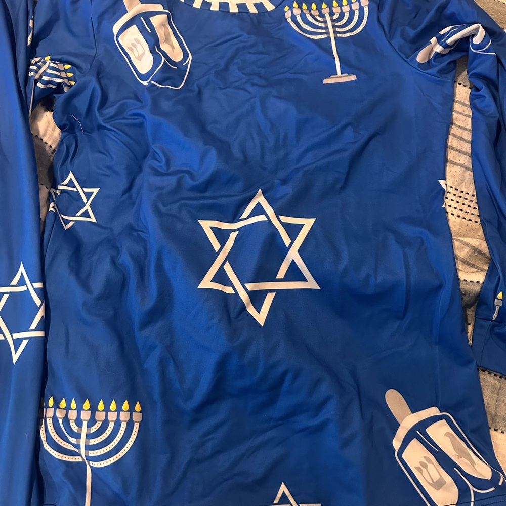 Blue Star of David and Menorah Long Sleeve Shirt with matching pants